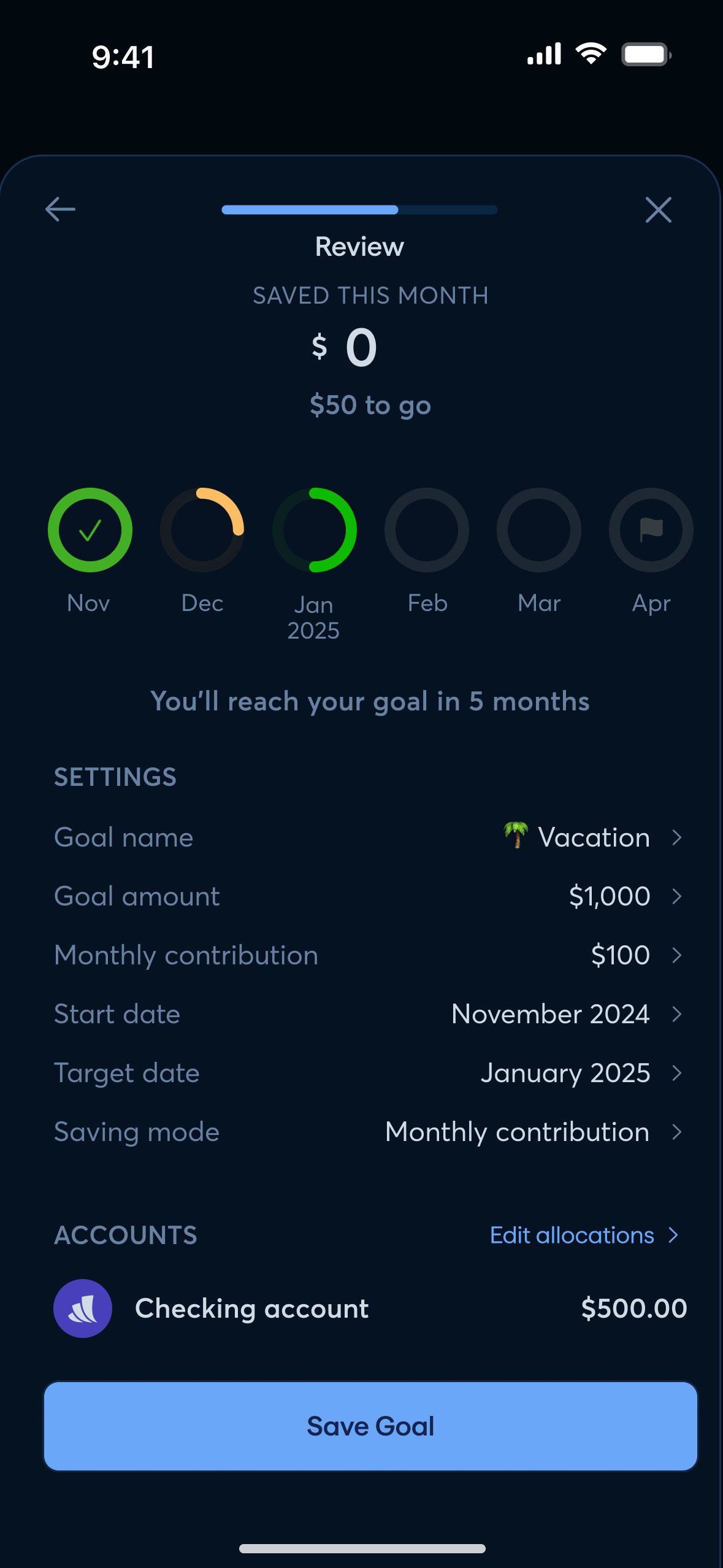 A screenshot of the Goals feature