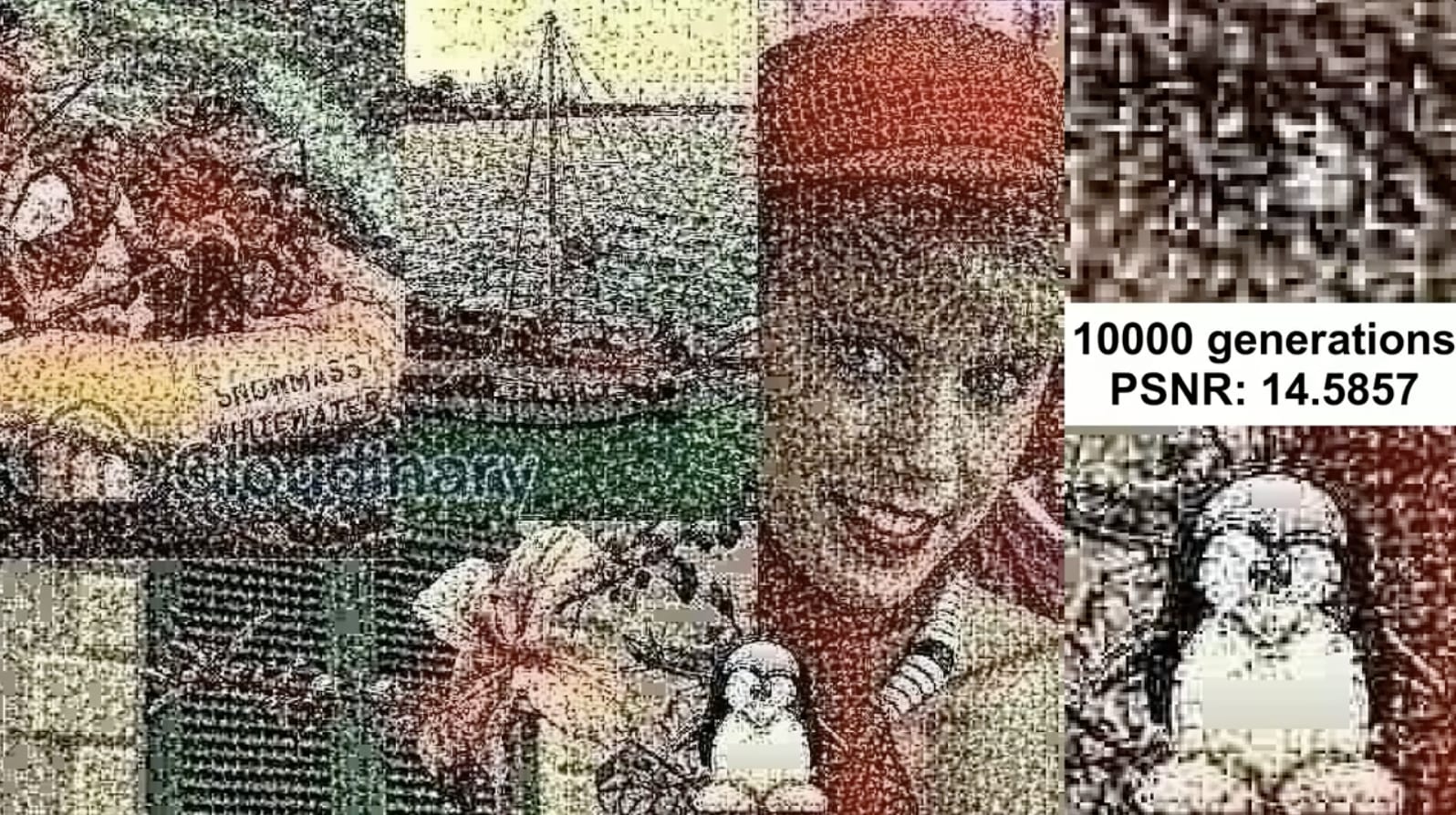 The same montage after 10,000 compression cycles, smeared into pointillist mush (PSNR: 14.5857).
